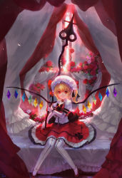Rule 34 | 1girl, absurdres, bed, blonde hair, bow, canopy bed, choker, elbow gloves, embellished costume, female focus, flandre scarlet, flower, fom (lifotai), gloves, hat, highres, laevatein, light smile, red eyes, revision, rose, short hair, side ponytail, sitting, smile, solo, thighhighs, touhou, white gloves, white thighhighs, wings