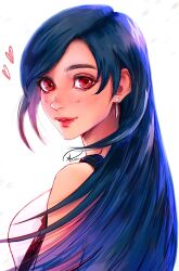 Rule 34 | 1girl, bare shoulders, blue hair, breasts, dangle earrings, earrings, final fantasy, final fantasy vii, heart, highres, jewelry, light blush, long hair, looking at viewer, looking back, medium breasts, parted lips, red eyes, shirt, signature, solo, suspenders, swept bangs, tifa lockhart, upper body, white background, white shirt, xriviia