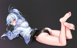 Rule 34 | 1girl, bad id, bad pixiv id, bare legs, barefoot, black background, black one-piece swimsuit, blue hair, blush, closed mouth, commentary request, crossed ankles, ephnel, feet, feet up, finger to mouth, fur-trimmed jacket, fur trim, gloves, hair between eyes, high ponytail, highres, hood, hooded jacket, jacket, jacket over swimsuit, kibellin, korean commentary, legs up, long hair, looking at viewer, lying, multicolored hair, on stomach, one-piece swimsuit, pointing, pointing up, ponytail, purple eyes, revision, sidelocks, silver hair, simple background, soles, solo, soulworker, streaked hair, swimsuit, the pose, toes, white jacket