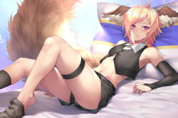 Rule 34 | 1boy, ahoge, animal ears, armpits, bare shoulders, bed, black shorts, black vest, blonde hair, brown socks, buttons, commentary request, crop top, detached sleeves, ear piercing, fingernails, highres, kneehighs, leg up, legs, light, looking at viewer, male focus, nasaniliu, navel, on bed, original, parted lips, piercing, pillow, pink eyes, reclining, shadow, shirt, shorts, sleeveless, sleeveless shirt, socks, solo, stomach, stomach tattoo, swept bangs, tail, tattoo, thigh strap, vest, white shirt, wing collar
