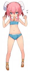 Rule 34 | 1girl, bare arms, bare shoulders, bikini, blue bikini, breasts, brown footwear, bun cover, claw pose, double bun, full body, grey eyes, hair between eyes, hair bun, hands up, karukan (monjya), looking at viewer, official alternate costume, pink hair, presea combatir, simple background, small breasts, solo, standing, swimsuit, tales of (series), tales of symphonia, translation request, white background