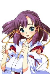 Rule 34 | blue eyes, detached sleeves, hair ribbon, ichimai ugou, japanese clothes, miko, open mouth, purple hair, ribbon, short hair, simple background, smile, solo, white background