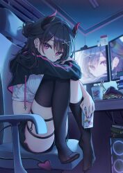 Rule 34 | 1girl, ass, asymmetrical legwear, black hair, black hoodie, black shorts, black socks, black thighhighs, blurry, chair, covering mouth, crop top, cropped hoodie, cup, dangmyo, demon horns, demon tail, depth of field, disposable cup, drawstring, ear piercing, feet, gaming chair, hair bun, highres, holding, hood, hood down, hoodie, horns, indie virtual youtuber, kneehighs, knees up, long hair, long sleeves, looking at viewer, midriff, mismatched pupils, monitor, no shoes, open clothes, open hoodie, piercing, red eyes, second-party source, shirt, short shorts, shorts, single kneehigh, single sock, single thighhigh, sitting, skindentation, sleeveless, sleeveless shirt, socks, solo, swivel chair, tail, thigh strap, thighhighs, thighs, virtual youtuber, white shirt, yoino chiru