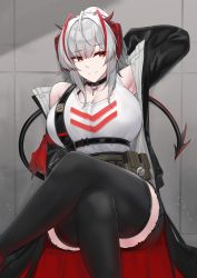 Rule 34 | 1girl, absurdres, ahoge, alternate breast size, antennae, arknights, arm up, black choker, black jacket, black shorts, black thighhighs, breasts, choker, cleavage, crossed legs, demon horns, feet out of frame, grey background, grey hair, hair between eyes, hair bun, highres, horns, jacket, kanta (kanta 077), large breasts, official alternate costume, open clothes, open jacket, parted lips, red eyes, revision, shorts, sidelocks, single hair bun, sitting, solo, tank top, thighhighs, w (arknights), white tank top