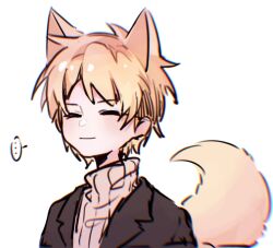 Rule 34 | ..., 1boy, animal ears, atou haruki, black jacket, blonde hair, brown sweater, chinese commentary, chromatic aberration, closed eyes, closed mouth, commentary request, fox boy, fox ears, fox tail, jacket, kemonomimi mode, lefityyyy, male focus, open clothes, open jacket, ribbed sweater, saibou shinkyoku, short hair, simple background, smile, solo, spoken ellipsis, sweater, tail, turtleneck, turtleneck sweater, white background