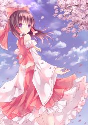 Rule 34 | 1girl, ascot, blue sky, blush, bow, brown hair, cherry blossoms, cloud, detached sleeves, female focus, hair bow, hair tubes, hakurei reimu, highres, japanese clothes, miko, mizumidori, open mouth, outstretched arm, petals, purple eyes, shirt, skirt, skirt set, sky, solo, touhou, tree, wide sleeves