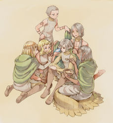 Rule 34 | 2boys, 4girls, arm tattoo, bare shoulders, barefoot, bird, bird on hand, blonde hair, boots, bowl, bracelet, braid, bridal gauntlets, cithis, cloak, dark-skinned female, dark skin, dressing another, dungeon meshi, elf, feeding, fleki, food, giving, gloves, gorget, grey hair, half updo, highres, holding, holding bowl, holding spoon, hood, hood down, hooded cloak, jewelry, knee boots, knees up, long hair, long sleeves, lycion, mithrun, multiple boys, multiple girls, notched ear, otta (dungeon meshi), pattadol, pointy ears, robe, short hair, single glove, sitting, sleeveless, smile, soup, spoon, standing, swept bangs, tattoo, topless male, twintails, uniform, wariza, yellow background
