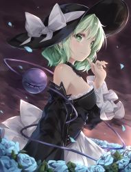 Rule 34 | 1girl, adapted costume, alternate costume, bare shoulders, black dress, blue rose, breasts, buttons, detached collar, detached sleeves, dress, eyeball, finger to mouth, flower, green eyes, green hair, hat, hat ribbon, izuru, komeiji koishi, looking at viewer, medium breasts, outdoors, petals, pointing, pointing at self, ribbon, rose, rose petals, smile, solo, sun hat, third eye, touhou, white ribbon