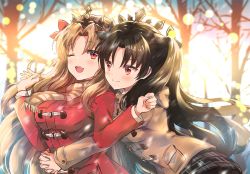Rule 34 | 2girls, ;d, bare tree, black bow, black hair, blush, bow, breasts, brown coat, brown scarf, brown skirt, closed mouth, coat, commentary request, duffel coat, ereshkigal (fate), fate/grand order, fate (series), fingernails, hair between eyes, hair bow, hug, hug from behind, interlocked fingers, ishtar (fate), leaning forward, light brown hair, long hair, long sleeves, medium breasts, melings (aot2846), multiple girls, one eye closed, open mouth, outdoors, parted bangs, plaid, plaid scarf, plaid skirt, pleated skirt, red bow, red coat, scarf, skirt, smile, sunset, tiara, tree, two side up, upper body, very long hair