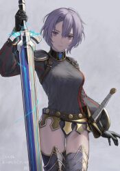 Rule 34 | 1girl, absurdres, armor, armored boots, belt, black gloves, bob cut, boots, breasts, broadsword, buckler, commission, fantasy, gloves, hair between eyes, highres, holding, holding sword, holding weapon, looking at viewer, medium breasts, military, military uniform, open mouth, original, puffy sleeves, purple eyes, purple hair, shield, short hair, shoulder armor, skeb commission, solo, sword, thigh boots, thighhighs, uniform, weapon, yuikawa (00hyr)