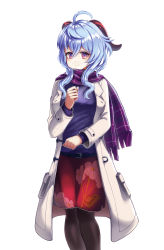 Rule 34 | 1girl, absurdres, ahoge, alternate costume, belt, black pantyhose, blue hair, casual, coat, commentary, contemporary, ganyu (genshin impact), genshin impact, hair between eyes, hensenfm, highres, long hair, long sleeves, looking at viewer, pantyhose, plaid, plaid scarf, pocket, purple eyes, purple scarf, scarf, sidelocks, simple background, smile, solo, sweater, white background, white coat