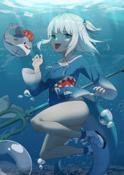 Rule 34 | 1girl, absurdres, air bubble, bad id, bad pixiv id, bare legs, bloop (gawr gura), blue eyes, blue hair, blue hoodie, blue nails, bubble, commentary, drawstring, elach, fins, fish tail, freediving, full body, gawr gura, hair ornament, hand up, highres, hololive, hololive english, hood, hoodie, long sleeves, multicolored hair, nail polish, open mouth, shark hair ornament, shark tail, sharp teeth, shoes, sideways glance, silver hair, solo, streaked hair, tail, teeth, tongue, tongue out, two side up, underwater, virtual youtuber, water, white footwear