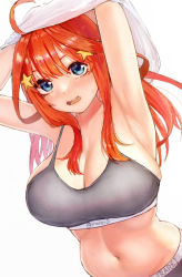 ahoge armpits arms_up blush bra breasts cleavage dutch_angle go-toubun_no_hanayome grey_bra grey_panties hair_ornament highres irarei_(araisanblog) large_breasts looking_at_viewer nakano_itsuki navel orange_hair panties sports_bra star_(symbol) star_hair_ornament sweatdrop underwear undressing