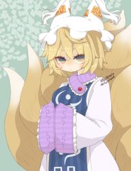 Rule 34 | 1girl, animal ears, animal hat, artist name, blonde hair, blush, breasts, cowboy shot, dated, dress, expressionless, fox ears, fox tail, frills, hands in opposite sleeves, hat, kitsune, large breasts, leaf, leaf background, long sleeves, looking at viewer, mob cap, multiple tails, nose blush, short hair, simple background, solo, tabard, tail, touhou, v-shaped eyebrows, white dress, wide sleeves, yaco (nuitnotte), yakumo ran
