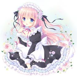Rule 34 | 1girl, :d, black bow, black dress, blue eyes, blush, bow, breasts, cleavage, commentary request, dress, flower, frilled dress, frills, hair between eyes, hair bow, hasekura chiaki, juliet sleeves, long hair, long sleeves, looking at viewer, maid, maid headdress, medium breasts, open mouth, original, pink flower, pink hair, pink rose, puffy sleeves, rose, smile, solo, two side up, very long hair