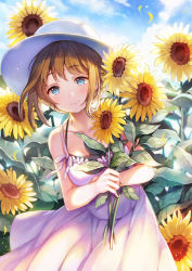 Rule 34 | 1girl, bare arms, bare shoulders, blue eyes, blue sky, blush, breasts, brown hair, cloud, collarbone, cowboy shot, day, dress, flower, hat, highres, holding, holding flower, looking at viewer, medium breasts, original, outdoors, petals, short hair, sibyl, sky, sleeveless, sleeveless dress, smile, solo, standing, sun hat, sundress, sunflower, sunlight, white dress, white hat