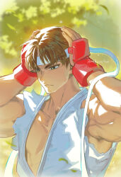 Rule 34 | 1boy, aged down, armpit peek, athanjccgg, bara, biceps, brown hair, concentrating, derivative work, dougi, forked eyebrows, hands on own head, headband, highres, huge eyebrows, looking down, male focus, muscular, muscular male, pectoral cleavage, pectorals, ryu (street fighter), screencap redraw, serious, solo, street fighter, sunlight, upper body