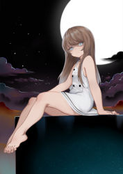 Rule 34 | 1girl, arm support, bad id, bad pixiv id, bare shoulders, barefoot, child, cloud, dress, feet, full moon, highres, kinhasu, legs, long hair, looking at viewer, moon, night, night sky, original, outdoors, shaded face, short dress, sitting, sky, solo, toes, white dress