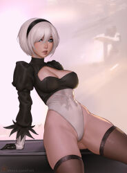 Rule 34 | 1girl, 2b (nier:automata), arm support, arms behind back, black gloves, black hairband, black leotard, blue eyes, breasts, brown thighhighs, cleavage, cleavage cutout, clothing cutout, feather-trimmed sleeves, freli, gloves, gluteal fold, groin, hairband, highleg, highleg leotard, highres, lace, lace-trimmed thighhighs, leotard, lips, medium breasts, multicolored clothes, multicolored gloves, multicolored leotard, nier:automata, nier (series), parted lips, patreon logo, patreon username, short hair, sitting, solo, thighhighs, two-tone gloves, two-tone leotard, white gloves, white hair, white leotard