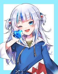 Rule 34 | 1girl, ;d, blue background, blue eyes, blue gemstone, blue hair, blue hoodie, blue nails, blush, commentary, drawstring, gawr gura, gawr gura (1st costume), gem, glint, grey hair, hair ornament, hand up, heart, highres, holding, hololive, hololive english, hood, hood down, hoodie, long hair, long sleeves, looking at viewer, multicolored hair, nail polish, one eye closed, open mouth, pekerika, sharp teeth, smile, solo, streaked hair, teeth, two-tone background, two side up, upper body, v-shaped eyebrows, virtual youtuber, white background, wide sleeves