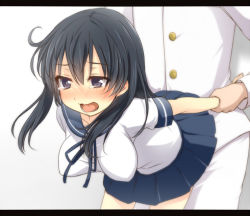 Rule 34 | 10s, 1boy, 1girl, admiral (kancolle), arm grab, blue skirt, blush, bouncing breasts, breasts, buttons, clothed sex, doggystyle, hanging breasts, head out of frame, hetero, kantai collection, letterboxed, long sleeves, military, military uniform, naval uniform, open mouth, petite, pleated skirt, school uniform, serafuku, sex, sex from behind, shirt, skirt, standing, tears, tori (minamopa), uniform, ushio (kancolle), white shirt