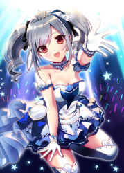 Rule 34 | 10s, 1girl, dress, drill hair, gloves, idolmaster, idolmaster cinderella girls, idolmaster cinderella girls starlight stage, jewelry, kanzaki ranko, long hair, looking at viewer, minamihama yoriko, open mouth, pocket watch, red eyes, silver hair, smile, solo, thighhighs, tiara, twin drills, watch
