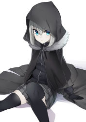 Rule 34 | 1girl, arm support, black cloak, black gloves, black shirt, black skirt, black thighhighs, blue eyes, cloak, fate (series), feet out of frame, full-length zipper, fur collar, gloves, gray (fate), hair between eyes, highres, hood, hooded cloak, long hair, long sleeves, looking at viewer, lord el-melloi ii case files, luse maonang, miniskirt, pale skin, parted lips, plaid, plaid skirt, pleated skirt, sanpaku, shadow, shirt, sidelocks, silver hair, simple background, sitting, skirt, sleeves past wrists, solo, thighhighs, white background, zettai ryouiki, zipper