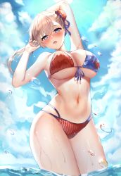 Rule 34 | 1girl, absurdres, american flag bikini, american flag print, arms behind head, arms up, bare arms, bare legs, bikini, blue bikini, blue eyes, blue sky, blush, breasts, bun cover, cleavage, cloud, day, fate/grand order, fate (series), flag print, grey hair, hair bun, highres, large breasts, looking at viewer, medium hair, miyamoto musashi (fate), miyamoto musashi (fate/grand order), miyamoto musashi (swimsuit berserker) (fate), miyamoto musashi (swimsuit berserker) (second ascension) (fate), mua (mua pb), navel, ocean, open mouth, outdoors, print bikini, red bikini, single hair bun, sky, solo, standing, swimsuit, thighs, underboob, wading, water, water drop, wet