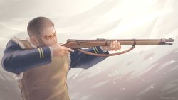 Rule 34 | 1boy, arisaka, black hair, blue jacket, bolt action, buzz cut, from side, golden kamuy, gun, holding, holding gun, holding weapon, jacket, long sideburns, looking to the side, male focus, military, military uniform, nopinzo, pectorals, pointing weapon, rifle, short hair, sideburns, snow, solo, tanigaki genjirou, thick eyebrows, uniform, very short hair, weapon, wind