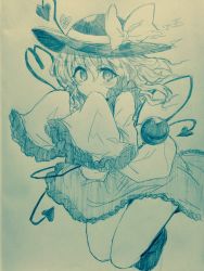 Rule 34 | 1girl, blush, bow, closed mouth, commentary request, efukei, frilled sleeves, frills, full body, hair between eyes, hat, hat bow, heart, heart of string, highres, komeiji koishi, looking at viewer, monochrome, one-hour drawing challenge, short hair, skirt, sleeves past wrists, smile, solo, third eye, touhou, traditional media