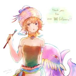 Rule 34 | 1girl, art brush, bare shoulders, blonde hair, blue eyes, breasts, commentary request, earrings, final fantasy, final fantasy vi, hat, highres, jewelry, looking at viewer, monster, octopus, open mouth, ultros, paintbrush, relm arrowny, short hair, simple background, solo, tentacles, white background