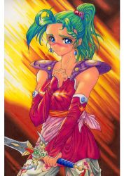 Rule 34 | 1990s (style), 1girl, blue eyes, blush, detached sleeves, earrings, female focus, final fantasy, final fantasy vi, green hair, highres, jewelry, long hair, ponytail, shoulder pads, solo, sword, tina branford, tutsi cat, weapon