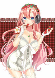 Rule 34 | 1girl, blue eyes, blush, breasts, cleavage, cowboy shot, flower, food, food-themed clothes, fruit, headphones, highres, jewelry, lace, lace-trimmed legwear, lace background, lace trim, large breasts, lips, long hair, looking at viewer, megurine luka, nail polish, necklace, pink hair, plaid, plaid background, red nails, seductive smile, smile, standing, strawberry, strawberry blossoms, temari (deae), thighhighs, vocaloid, white thighhighs, zettai ryouiki