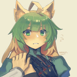 Rule 34 | 1boy, 1girl, ahoge, atalanta (fate), black gloves, blonde hair, blush, boa (brianoa), commentary, english commentary, fate/apocrypha, fate (series), flying sweatdrops, gloves, green eyes, green hair, grey background, hand up, highres, looking at viewer, multicolored hair, parted lips, pov, pov hands, simple background, solo focus, twitter username, two-tone hair, upper body
