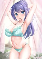 Rule 34 | 1girl, absurdres, aqua bra, aqua panties, armpits, bare arms, blue eyes, blue hair, blush, bra, breasts, cleavage, closed mouth, collarbone, commentary request, cowboy shot, curtains, day, hair between eyes, hair tie, highres, indoors, large breasts, looking at viewer, mouth hold, navel, original, panties, pinesphere, ponytail, sideboob, solo, standing, stomach, tying hair, underwear, window