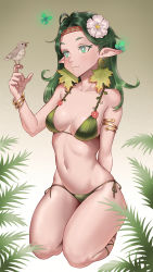 Rule 34 | 1girl, bare arms, bare shoulders, bikini, bird, bird on hand, breasts, bug, butterfly, cheshirrr, collarbone, colored eyelashes, earrings, elf, flower, green bikini, green eyes, green hair, hair flower, hair ornament, highres, insect, jewelry, kneeling, leaf, long hair, medium breasts, navel, original, pointy ears, side-tie bikini bottom, smile, solo, swimsuit