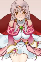 Rule 34 | 1girl, bare shoulders, breasts, bridal gauntlets, cape, circlet, clenched hand, closed mouth, curly hair, dress, fire emblem, fire emblem: radiant dawn, long hair, looking at viewer, medium breasts, micaiah (fire emblem), nintendo, pink background, red cape, sandals, shiyo yoyoyo, shoes, simple background, sitting, smile, solo, turtleneck, white dress, white hair, wide sleeves, yellow eyes
