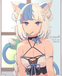 Rule 34 | 1girl, animal ear fluff, animal ears, blue bow, blue eyes, blunt bangs, bow, breasts, commentary, commission, double bun, english commentary, english text, flower, hair bun, hair flower, hair ornament, hairclip, holding, holding with tail, ichiroku (sakumogu-029), indie virtual youtuber, long hair, looking at viewer, multicolored hair, pink hair, prehensile tail, seanvr, skeb commission, solo, streaked hair, tail, thank you, too many, toothbrush in mouth, virtual youtuber, vrchat, white hair