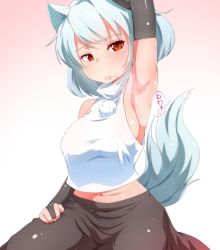 Rule 34 | 1girl, :&lt;, animal ears, arm up, armpits, blush, breasts, closed mouth, crop top, cum, cum on body, cum on upper body, elbow gloves, covered erect nipples, frown, gloves, highres, inubashiri momiji, large breasts, midriff, navel, red eyes, shirt, sideboob, skindentation, sleeveless, smell, solo, steam, sweat, tail, taut clothes, taut shirt, touhou, wavy mouth, white hair, wolf ears, wolf tail, yocchi (tenyunkel)