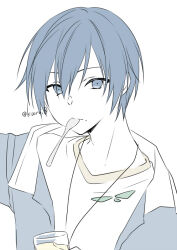 Rule 34 | 1boy, character request, food, food on face, grey jacket, jacket, kuroi (liar-player), looking at viewer, male focus, mouth hold, open clothes, open jacket, project sekai, shirt, simple background, solo, spoon, twitter username, upper body, utensil in mouth, white background, white shirt