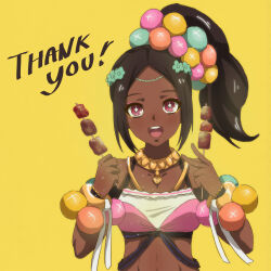 Rule 34 | 1girl, :d, absurdres, brown hair, crop top, dark-skinned female, dark skin, fire emblem, fire emblem engage, food, hair ornament, highres, holding, holding food, looking at viewer, midriff, nintendo, open mouth, ponytail, red eyes, smile, solo, star-shaped pupils, star (symbol), symbol-shaped pupils, tak0baka, teeth, thank you, timerra (fire emblem), upper body, upper teeth only, v, yellow background