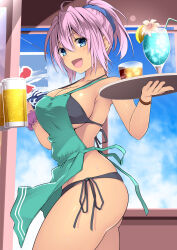 Rule 34 | 1girl, :d, ahoge, alcohol, aoba (kancolle), apron, ass, bare shoulders, beer, beer mug, bikini, black bikini, blue eyes, blue sky, blush, breasts, cleavage, commentary request, cowboy shot, cup, day, drink, drinking glass, drinking straw, flower, green apron, hair between eyes, hair ornament, hair scrunchie, halterneck, highres, holding, holding tray, ice, ice cube, kantai collection, kuromayu, large breasts, lens flare, looking at viewer, mug, nearly naked apron, open mouth, pink flower, pink hair, ponytail, ribbon, scrunchie, short hair, short ponytail, side-tie bikini bottom, sky, smile, solo, string bikini, swimsuit, tan, thighs, tray, waitress, wrist scrunchie, wristband, yellow ribbon