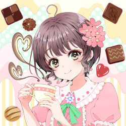 Rule 34 | 1girl, absurdres, blush, brown eyes, brown hair, center frills, checkerboard cookie, chocolate, coffee, cookie, cup, earrings, flower, food, frilled shirt collar, frills, hair flower, hair ornament, heart, heart-shaped pupils, heart earrings, highres, holding, holding cup, jewelry, lavie (cestbonlavie), looking at viewer, neck ribbon, original, polka dot, polka dot background, puffy short sleeves, puffy sleeves, ribbon, short hair, short sleeves, smile, solo, striped, striped background, symbol-shaped pupils, teacup, upper body