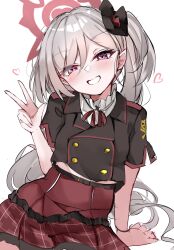 Rule 34 | 1girl, black shirt, blue archive, blush, cowboy shot, grey hair, grin, halo, heart, highres, long hair, looking at viewer, mutou mame, mutsuki (blue archive), pink eyes, pointy ears, red halo, red skirt, shirt, side ponytail, simple background, skirt, smile, solo, white background