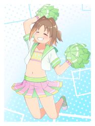 Rule 34 | 1girl, alternate costume, arm up, bandeau, bare arms, bare legs, brown hair, cheerleader, closed eyes, clothes writing, collarbone, colored inner hair, commentary, cropped shirt, dot nose, flat chest, full body, green footwear, grin, hair intakes, highres, holding, holding pom poms, jumping, k-d, light blush, midriff, miniskirt, multicolored hair, navel, oka asahi, onii-chan wa oshimai!, open clothes, open shirt, orange hair, parted bangs, pleated skirt, pom pom (cheerleading), pom poms, shoes, short hair, short sleeves, simple background, skirt, smile, sneakers, solo, two-tone hair, two side up