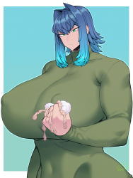 Rule 34 | 1girl, ball busting, bdsm, blue background, blue eyes, blue hair, border, breasts, castration, cbt, commentary, covered collarbone, covered erect nipples, covered navel, english commentary, femdom, gradient hair, green sweater, highres, huge breasts, impossible clothes, impossible shirt, long sleeves, multicolored hair, muscular, muscular female, original, outline, outside border, sadism, shirt, sidelocks, signature, spacezin, squeezing, squeezing testicles, sweater, testicles, tsurime, white border, x-ray, zoe (spacezin)