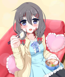 Rule 34 | 1girl, :d, black hair, blue eyes, blush, bow, bowl, burn scar, center frills, chopsticks, commentary request, couch, dorei to no seikatsu ~teaching feeling~, eyes visible through hair, feeding, food, frilled pillow, frills, hair between eyes, hair bow, hair ornament, hairclip, heart, heart-shaped pillow, highres, incoming food, long hair, open mouth, pillow, pov, pov feeding, red bow, scar, simple background, sitting, smile, solo, steam, sylvie (dorei to no seikatsu), takahiko, yellow background