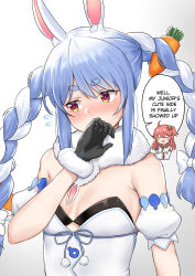 Rule 34 | 2girls, absurdres, animal ear fluff, animal ears, bare shoulders, black gloves, blue hair, blush, braid, breasts, carrot hair ornament, chibi, chibi inset, commentary, covering own mouth, crossed arms, detached sleeves, don-chan (usada pekora), embarrassed, english commentary, english text, flying sweatdrops, food-themed hair ornament, fur-trimmed gloves, fur scarf, fur trim, gloves, gradient background, grey background, hair ornament, hand over own mouth, hand up, highres, hololive, long hair, looking away, mofudaiya, multicolored hair, multiple girls, nose blush, one side up, orange eyes, pink hair, pom pom (clothes), puffy short sleeves, puffy sleeves, rabbit-shaped pupils, rabbit ears, rabbit girl, sakura miko, scarf, short eyebrows, short sleeves, sidelocks, small breasts, speech bubble, strapless, symbol-shaped pupils, talking, thick eyebrows, twin braids, twintails, two-tone hair, upper body, usada pekora, usada pekora (1st costume), virtual youtuber, white background, white hair, white scarf