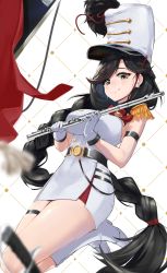 Rule 34 | 1girl, absurdres, black eyes, black hair, blush, boots, braid, braided ponytail, breasts, closed mouth, earrings, feet out of frame, from below, general liu (girls&#039; frontline), general liu (musings in the morn) (girls&#039; frontline), girls&#039; frontline, gloves, hat, highres, holding, holding instrument, instrument, jewelry, kimi (hearty yuuki), long hair, looking at viewer, medium breasts, mole, mole under eye, simple background, smile, solo, standing, standing on one leg, uniform, white footwear, white gloves