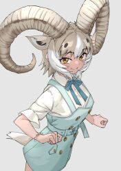 Rule 34 | 1girl, absurdres, animal ears, belt, blue dress, bracelet, brown eyes, commentary, curled horns, dall sheep (kemono friends), dress, extra, grey background, highres, horizontal pupils, horns, jewelry, kemono friends, light brown hair, looking at viewer, pinafore dress, sheep ears, sheep girl, sheep horns, sheep tail, shirt, short hair, simple background, sleeveless dress, smile, solo, tail, tanabe (fueisei), white shirt, wing collar